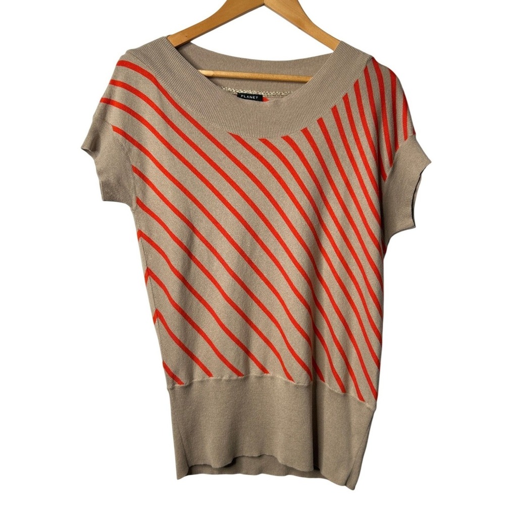 PLANET by Lauren G Stripe Knit Top M Beige Orange Cotton Modal Silk Avant Garde - Picture 2 of 14